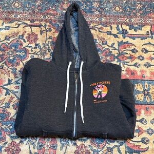 Obey Black Zip-Up Hoodie with Yellow & Pink Graphic